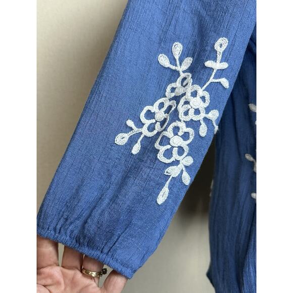 ANNELIEGE Gauze Top L (fits as M) Scoop Neck 3/4 Slvs. Embroidery Boho - Picture 7 of 11